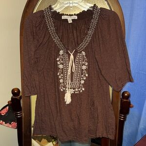 Sienna Sky Brown Blouse with White Embroidery
